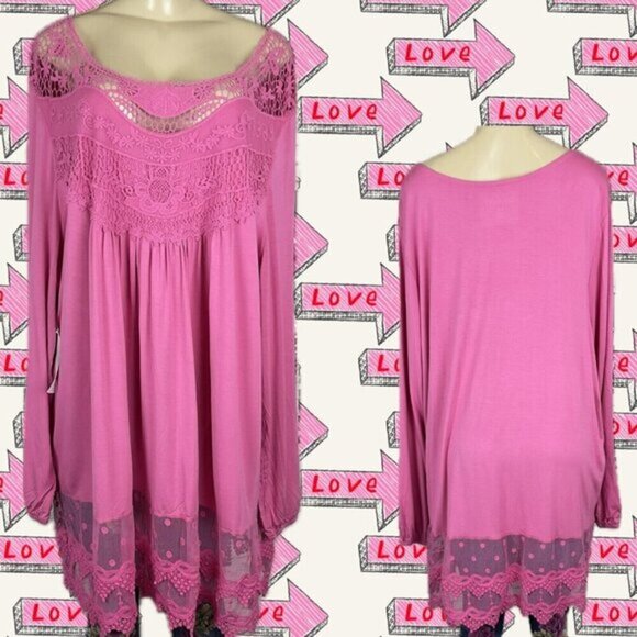 Roaman's 26/28 Pink Scoop Neck Lace Bib Sheer Mesh Scallop Hem Long Sleeve Top - Picture 1 of 6